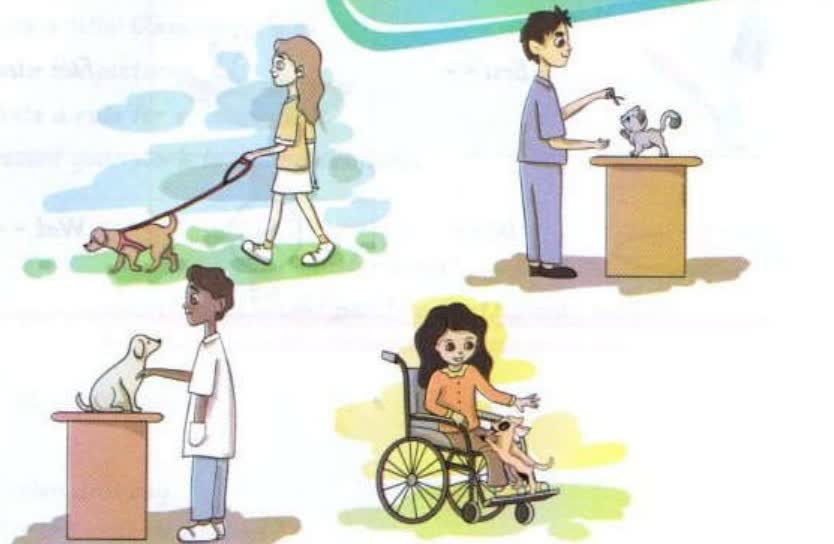A girl walking her dog, a vet with a cat, a vet with a dog and a girl in a wheelchair holding her cat